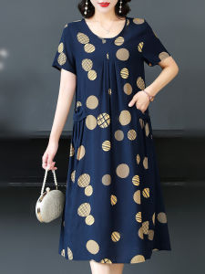 ชุดเดรสผ้าไหมคอตตอนหลวมๆ ยาวปานกลางสำหรับคุณแม่ผู้ใหญ่ สไตล์ลำลอง ฤดูร้อน 2025 กระโปรงทรงเอ เอวสูง แขนสั้น