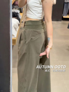 Quần Thể Thao Nữ Dáng Rộng Màu Xanh Quân Đội Phong Cách Mỹ Quần Ống Rộng Cạp Thấp Thường Ngày Mùa Xuân Hè Thu