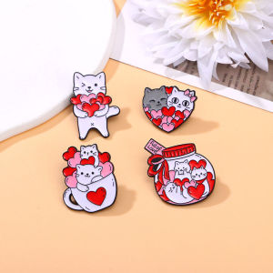 4pcs Cute Cartoon Cat Enamel Brooch Creative Animal Valentines Day Heart Gift Lapel Pin Badge Backpack Clothing Hat Accessories