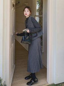 Grey Miniature Pleated Dress Set Womens Spring 2025 New French Style Blouse Two-Piece Set Casual Style High Waist A-Line Skirt