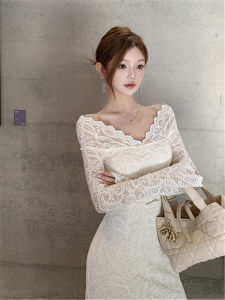 French Lace One Shoulder V Neck Long Sleeve Birthday Dress Wedding Dress High Waist Slim Fit Long Gown for Engagement And Ceremony