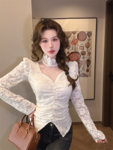 GUZILIAN | French Style V-neck Splice Hanging Neck Top Women Winter Design Irregular Bubble Sleeve Overhead Base Shirt Korean Style Slim Fit