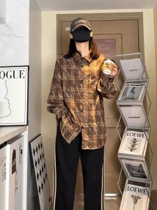 Egg Yellow Stripe Gingham Long Sleeves Shirt Mens Autumn Fancy Couple Coat Teenagers American Tie-Dye Tops