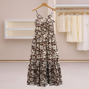 French Print Ruffle Off Shoulder Waist Shaping Layerable Dress Long