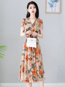 MAIMEI | Elegant Summer Womens Chiffon Dress Fashionable High-End Brand Mom Figure Printed A-Line Midi V-Neck Short Sleeve Gown