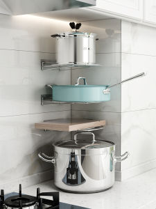 Corner Kitchen Storage Rack Non-Pierced Wall Mounted Multi-Layer Pan Holder Flat Bottomed Pan Storage Shelf Stainless Steel