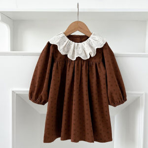 Autumn Kids Flower Dress Contrasting Lapel Style Girls Dress Spring Baby Kids Pure Cotton Long Sleeved Lace Sweet Princess Dress