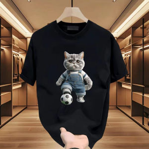 American Style Heavyweight Pure Cotton Mens Short Sleeve T-shirt Creative Football Cat Cartoon Print Loose round Neck INS Top