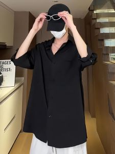 British Yuppie Black Short Sleeve Shirt Mens Summer Thin Stylish Niche Style Half Sleeve Ice Silk Shirt Coat