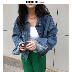 Retro Washed Denim Jacket Womens Loose Short Style Korean Chic Printed Casual Coat Spring Summer Cotton Long Sleeve Button