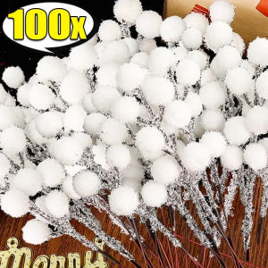100PCS White Artificial Berry Stem Snow Tipped Frosted Christmas Berries Branch DIY Wreath Xmas Tree Ornament Wedding Home Table Decor