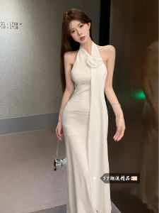 French Style Satin Long Dress with Neck Hanging Fish Tail Wrap Body Womens Waist Inward Dress Summer Commute Korean Style