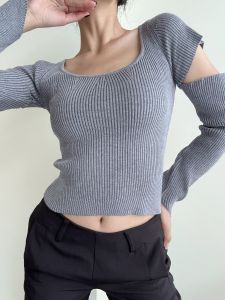 เสื้อสเวตเตอร์ถักคอเหลี่ยมแขนยาวสไตล์ฝรั่งเศส คอต่ำ ทรงเข้ารูป สำหรับผู้หญิง ฤดูใบไม้ร่วง/ฤดูหนาว เสื้อชั้นในสุดเซ็กซี่