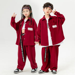 ชุดสตรีทแดนซ์สำหรับเด็กชุดแฟชั่นสำหรับการแสดงฮิปฮอปเด็กผู้ชายในฤดูใบไม้ผลิและฤดูใบไม้ร่วงเสื้อเชิ้ตสีไวน์แดงสำหรับเด็กหญิงชุดกลองสำหรับการแสดงแจ๊สโชว์สะดือ
