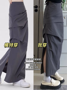 กระโปรงทรงเอเอวสูงสไตล์อเมริกันสำหรับผู้หญิงไซส์ใหญ่ ฤดูใบไม้ผลิและฤดูร้อน กระโปรงทรงเอยาวปานกลาง ทรงสลิมฟิต ด้านข้างเปิด