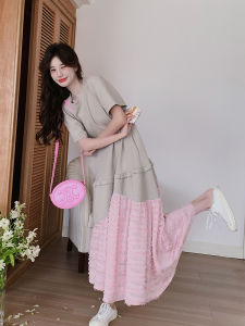 Summer New Korean Style Loose Long Dress Womens Milk Apricot Powder Splice Design Sense Fake Two-Piece Short Sleeve A-Line Dress