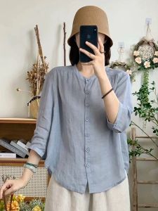 เสื้อเชิ้ตผู้หญิงหลวมๆ แขนยาวเจ็ดส่วนสไตล์วินเทจแบบลำลองในช่วงฤดูร้อน เสื้อผ้าทำงานผ้าฝ้ายผสมลินิน