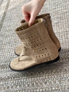 CAIZINI | Laced Toe Rear Zip Internal Heel Increase Sheepskin Perforated Sandal Boots