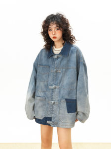 Spring Autumn Womens Denim Jacket Loose Fit Chinese Style Streetwear Cotton Polyester Blend Long Sleeve Button up Coat