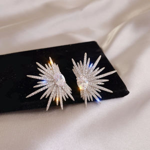 Silver Color Big Plant Luxury Stud Earrings With Bling Zircon Stone For Women Fashion Jewelry Korean Earrings