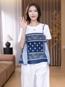 BINKAFENNY | เสื้อยืดผู้หญิงลายผ้าพันคอสีน้ำเงิน ดีไซน์เก๋ไก๋ สไตล์วินเทจ แฟชั่นฤดูร้อน เสื้อผ้าทำงานสไตล์เกาหลี แขนสั้น ปกกลม