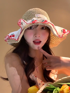WHPHous Sweet Cute Cherry Lace Edge Straw Hat For Women Summer Hollow Seaside Beach Vacation Big Brim Sunshade Cap Fashion Sun Cap