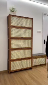 Bamboo Shoe Cabinet Flip-top Imitation Rattan Door Layered Large-capacity Removable Storage Rack Strong Load-bearing Capacity