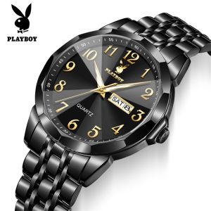 PLAYBOY watch for men original waterproof dual calendar luminous fashion diamond dial stain steel strap with gift box