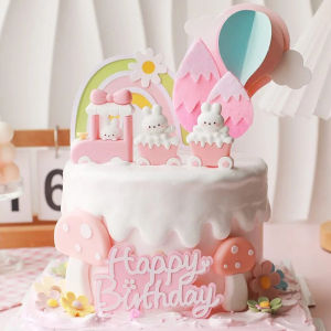 Cute Baby Girl Birthday Cake Decoration Bunny Pink Train Decoration Mori Style Small Tree Mushroom Plug-in