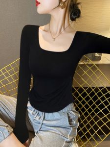 Áo Thun Dài Tay Màu Đen Trắng Cổ Thấp Ôm Vừa Vặn Mùa Xuân Thu Màu Trơn Phong Cách Ngọt Ngào Cổ Vuông Tay Dài Thường Ngày