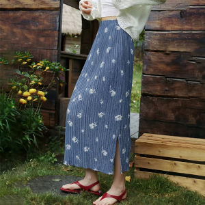 Blue Floral Pleated A-Line Skirt