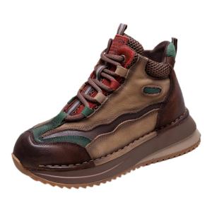 Retro Handmade Color Block Leather Sport Shoes Womens High Top Slip-On Fashionable Platform Rubber Outsole Breathable Mesh Inner