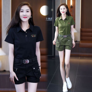 Shorts Suit Womens Summer New Arrival Fashion Polo Collar Short Sleeve Leisure Cargo High Waist Slimming All-Matching Temperament Twinset