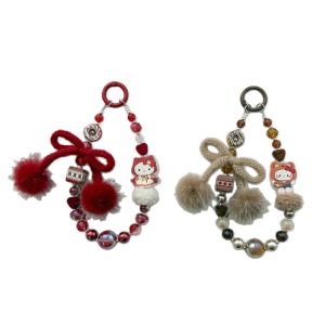 Cartoon womens bag yarn ball pendant crystal cute car keychain high-end mink fur bow mobile phone chain