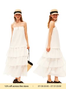 Linen Blend Heavy Lace Splicing Ruffle Layered Summer Dress