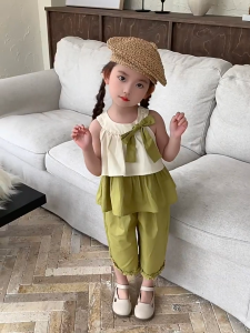 BALALE Setelan Musim Panas Anak Perempuan Setelan Trendy Terbaru Atasan Tali Pita + Celana Panjang Santai