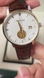 PINTIME | Clearance Sale Luxury Automatic Mechanical Watch for Men Genuine Leather Strap Tourbillon Design Gold Dial Business Wristwatch