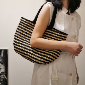 DaVee | Handmade woven Raffia tote bag straw bag top-handle black and beige stripes straw bag beach bag shopping bag