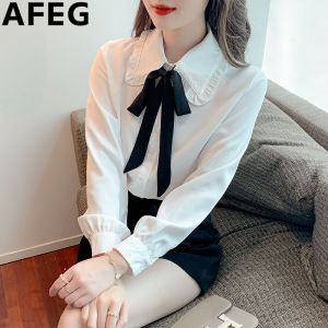 AFEG solid color Korean version doll collar color bow fashion loose vintage chiffon long-sleeved blouse