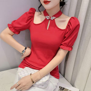 Áo Thun YIMEI Thời Trang Hàn Quốc Cổ Treo Gợi Cảm Áo Thun Nữ 2023 Thiết Kế Thời Trang Mới Hở Vai Áo Thun Không Khí Nước Ngoài Tay Áo Bong Bóng