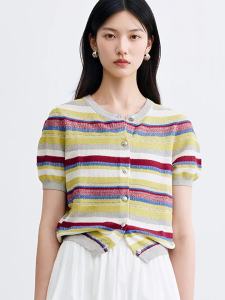 DESIGNICE | Round Neck Short Sleeve Knitwear Vintage Stripe