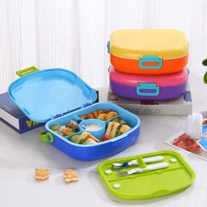 กล่องเบนโตะแบบพกพาพร้อมกล่องข้าวกลางวัน+ส้อมและช้อน/กล่องอาหารพลาสติกกันรั่ว