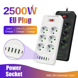 EU Plug Power Strip 6AC Outlet Multitap Extension Cord Electrical Socket With 4 USB Ports Fast Charge Multiprise Network Filter