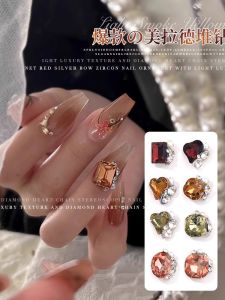 เครื่องประดับเล็บ Micro-Paved สุดหรู: คอลเลกชันฤดูใบไม้ร่วงฤดูหนาว อุปกรณ์เสริมเล็บฝังมุกหัวใจตรงยาวเป็นพิเศษ