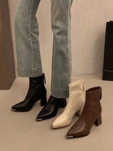Metallic Heel Ankle Boots Womens Fashion Short Boot Winter Commute Comfortable Thick Heel Slimming Effect Korean Style