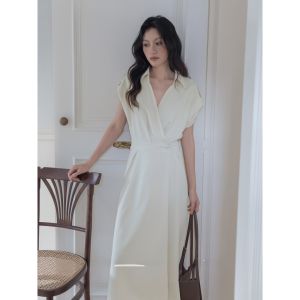 Summer New Design Sensation Womens Short Sleeve Midi Dress Apricot V-Neck Stand Collar Dress Casual Style A-Line Skirt