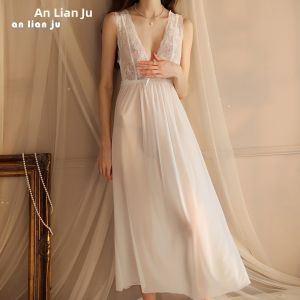 Sensual See-through Long Lace Nightgown Womens Ice Silk White Sleeveless Dress V-neck Hollow out Design Polyester Fabric