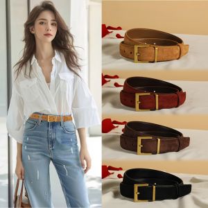 Womens Double Genuine Leather Belt Fashionable Cowhide Suede Belts with Square Alloy Buckle for Dresses Jeans Casual Wear