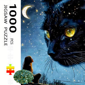 500 1000 1200 2000pcs Jigsaw Puzzle Black Cat Under Crescent Moon And Stars For Adults Large Scale Challenging Family Game Gift