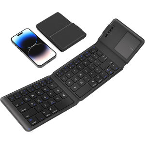 JOMAA | Foldable Bluetooth Keyboard with Touchpad Ultra Slim Design Leather Travel Rechargeable Wireless Keyboard with Multi-Device